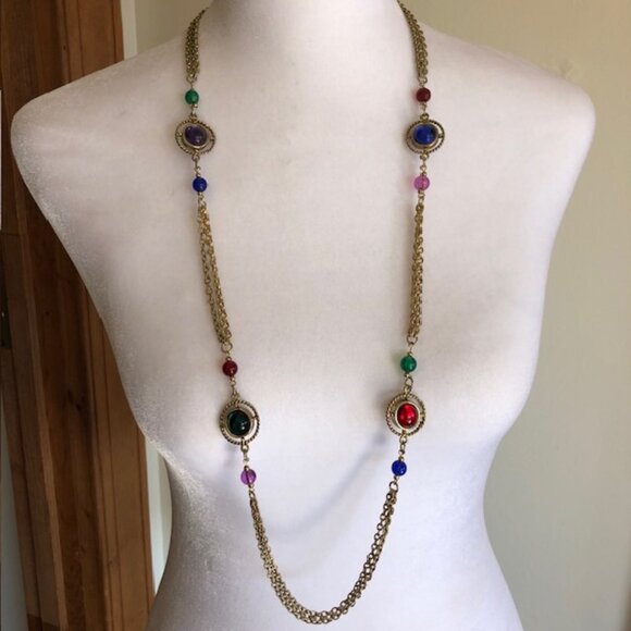 LADY REMINGTON Signed Cabochon Gold Tone Long Necklace 1980's - Picture 1 of 16